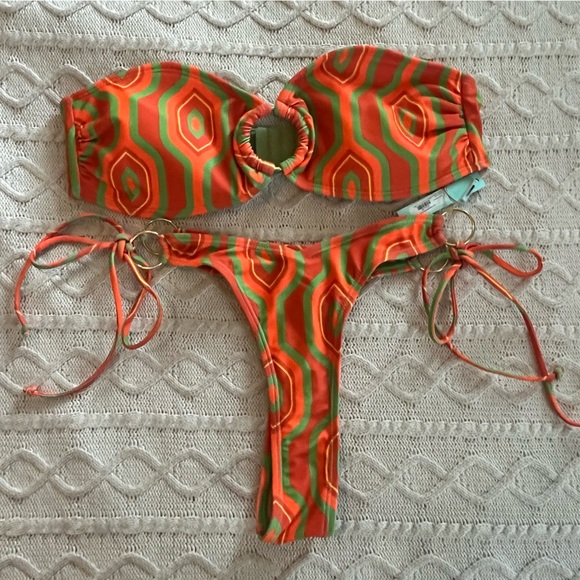 Fashion Nova Other - Fashion Nova Orange & Green Bikini Thong Metal Hardware on Hips Women’s SZ L